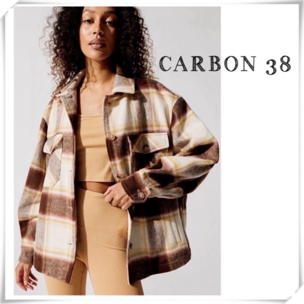 Carbon 38 Boyfriend Plaid Shacket Oversized Jacket Coat In Plaid 1 Brown Size S